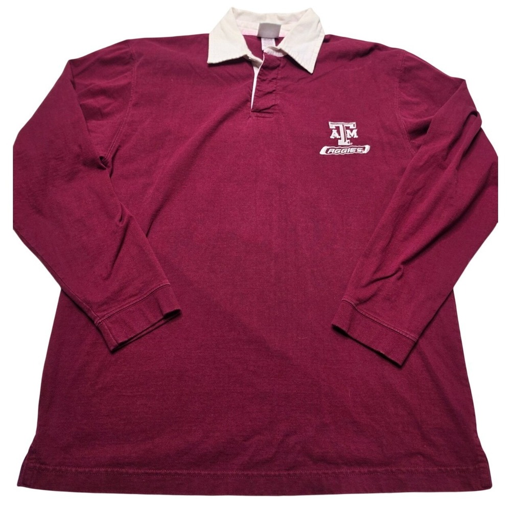 VINTAGE Texas A&M Aggies Maroon Rugby Long Sleeve Shirt Men's Medium 100% Cotton